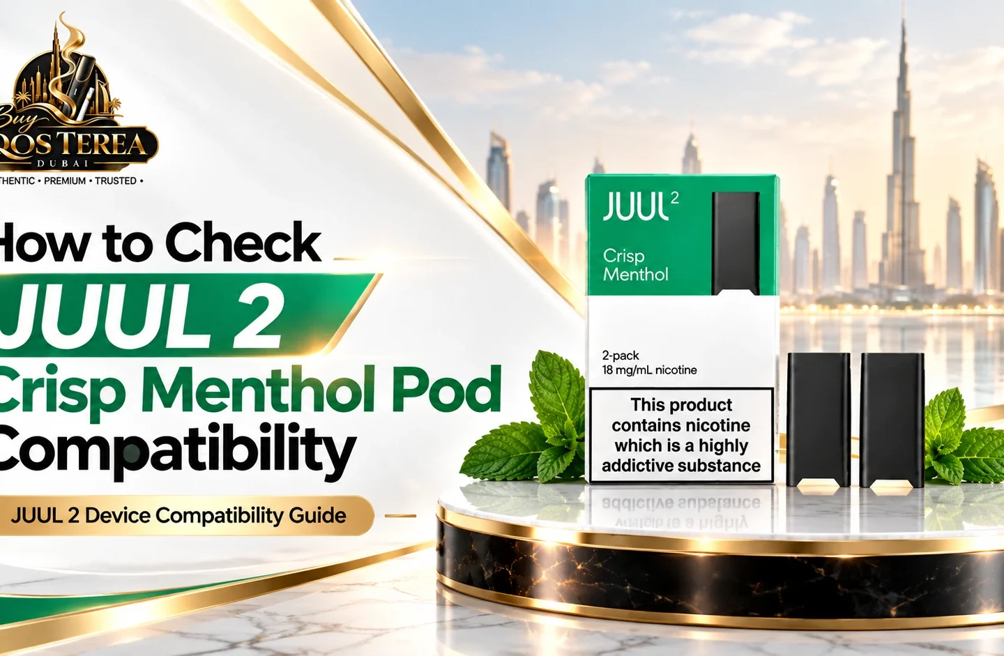 JUUL 2 Crisp Menthol Pods 18mg with compatible JUUL 2 device
