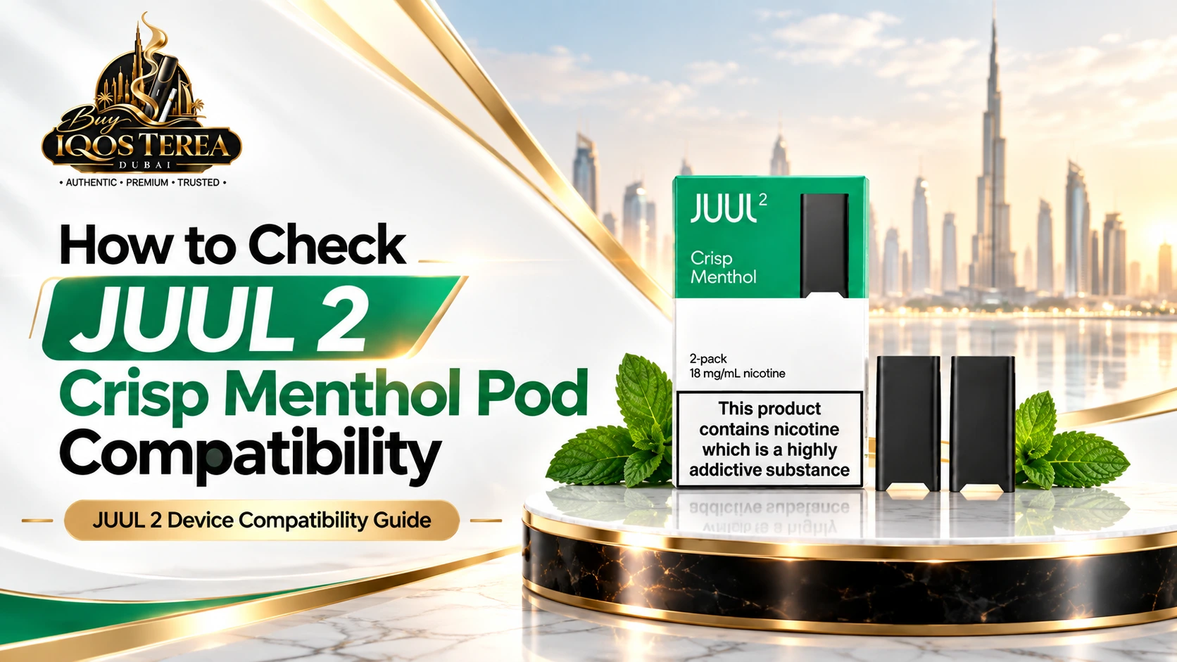 JUUL 2 Crisp Menthol Pods 18mg with compatible JUUL 2 device
